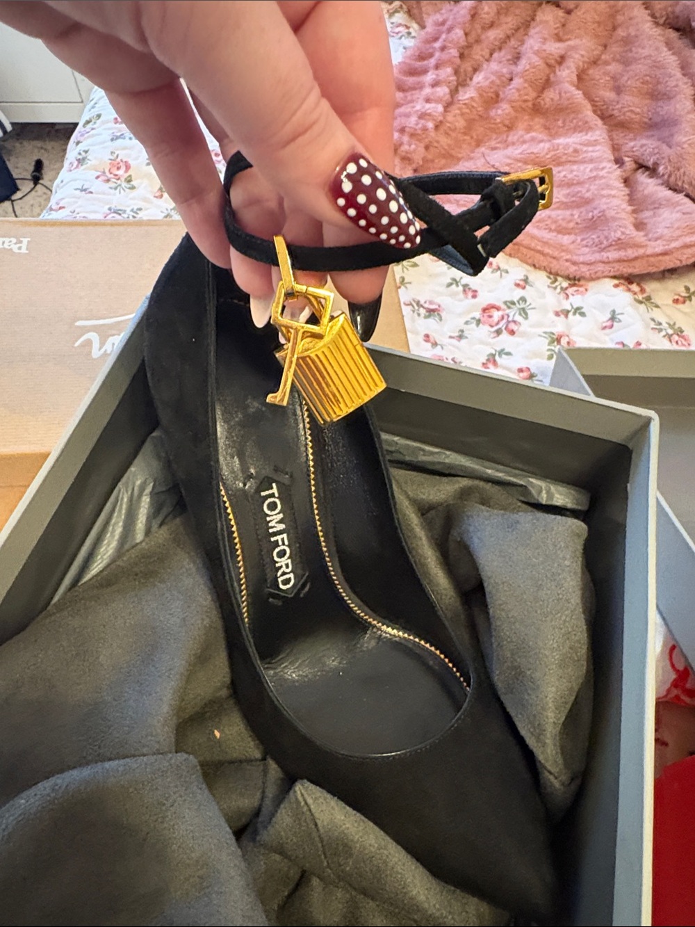 Tom Ford Black Suede Ankle-Strap Pump with Gold Padlock Charm